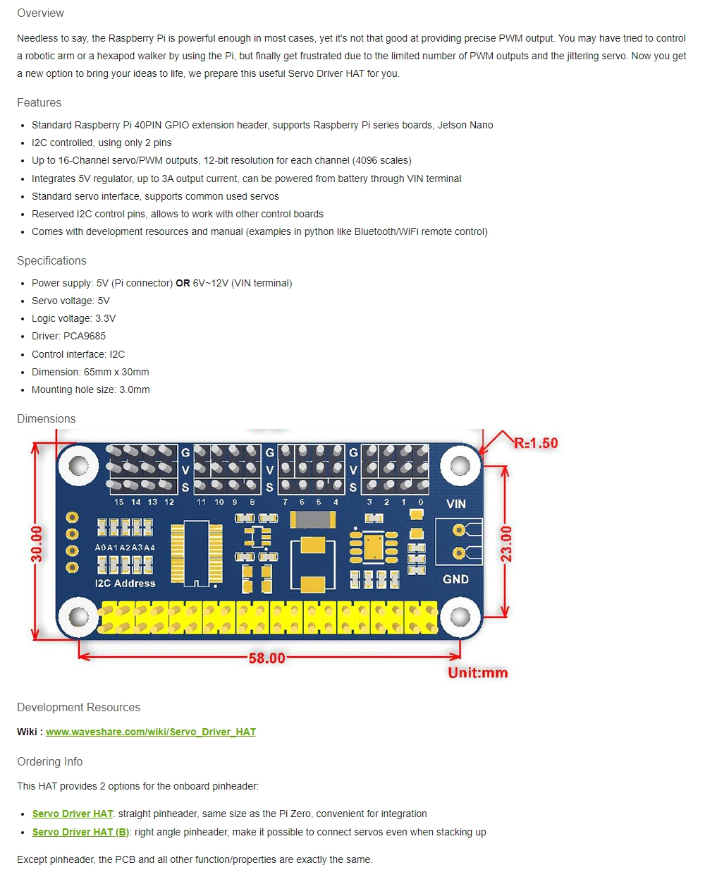 Waveshare Servo Driver HAT (B) Right Angle Pinheader 16-Channel 12-bit ...
