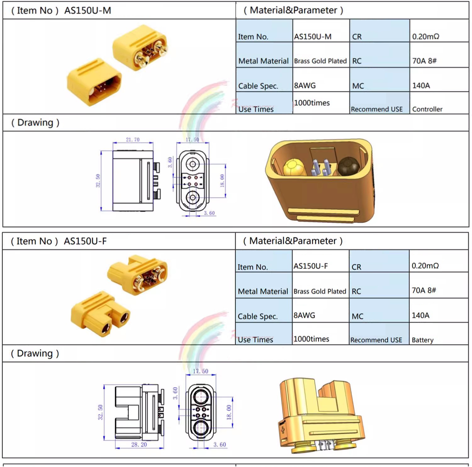 Amass AS150U male+female connector 1pair Lithium Battery Plug Anti ...