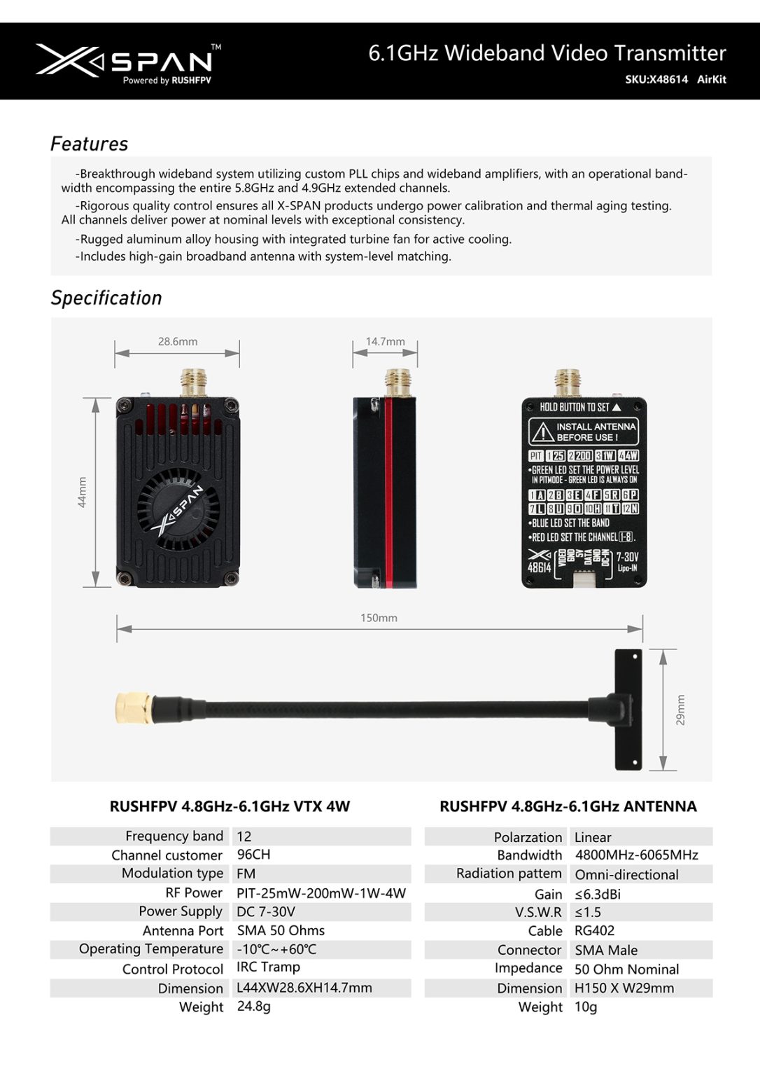Rc Network Module RUSHFPV XSPAN 4.8-6.1G 4W Broadband VTX Transmitter Module for RC ...