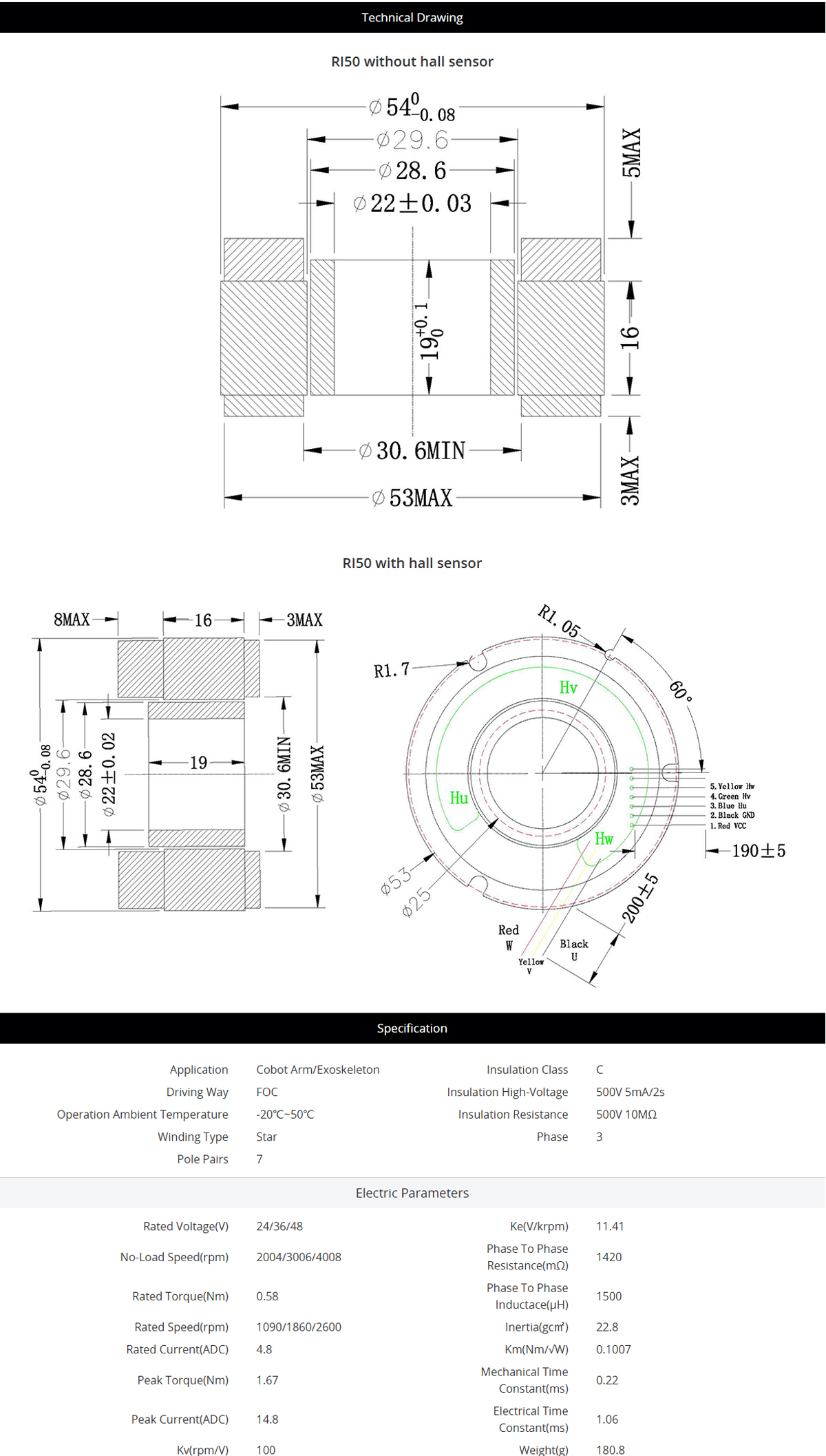 CubeMars RI50 KV100 Frameless Motor Low Cogging Torque Compact for ...