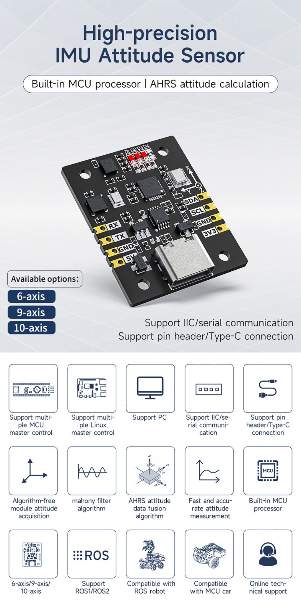 Yahboom IMU Sensor Modules 6/9/10-Axis AHRS Attitude Support ROS1 ROS2 ...